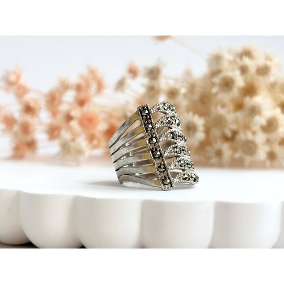 Art Deco Marcasite Gemstone Wavy Chunky Banded Gemstone Vintage Ring - sz 5.5 - Picture 10 of 10